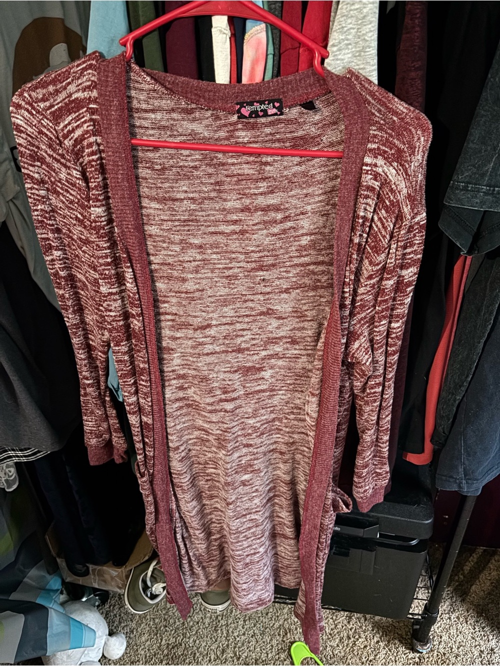 Tempted Marled Wine Open-Front Cardigan